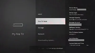 Fire TV : écran « À propos » du menu Ma Fire TV