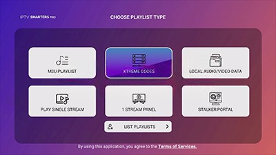 Écran « Choose playlist type » de l’application : choisir Xtream Codes